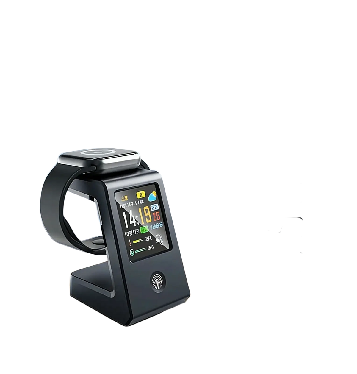 Black wireless charger desk stand with integrated wifi weather clock displaying time date temperature and air quality