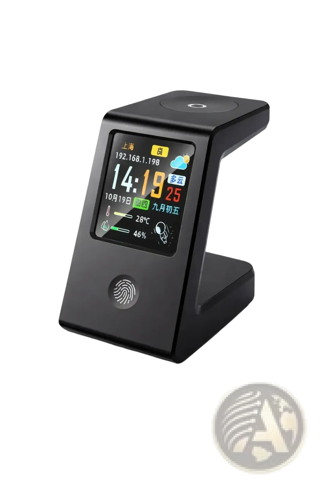 Black smart display stand with touchscreen showing time and weather in wifi weather clock wireless charger desk stand