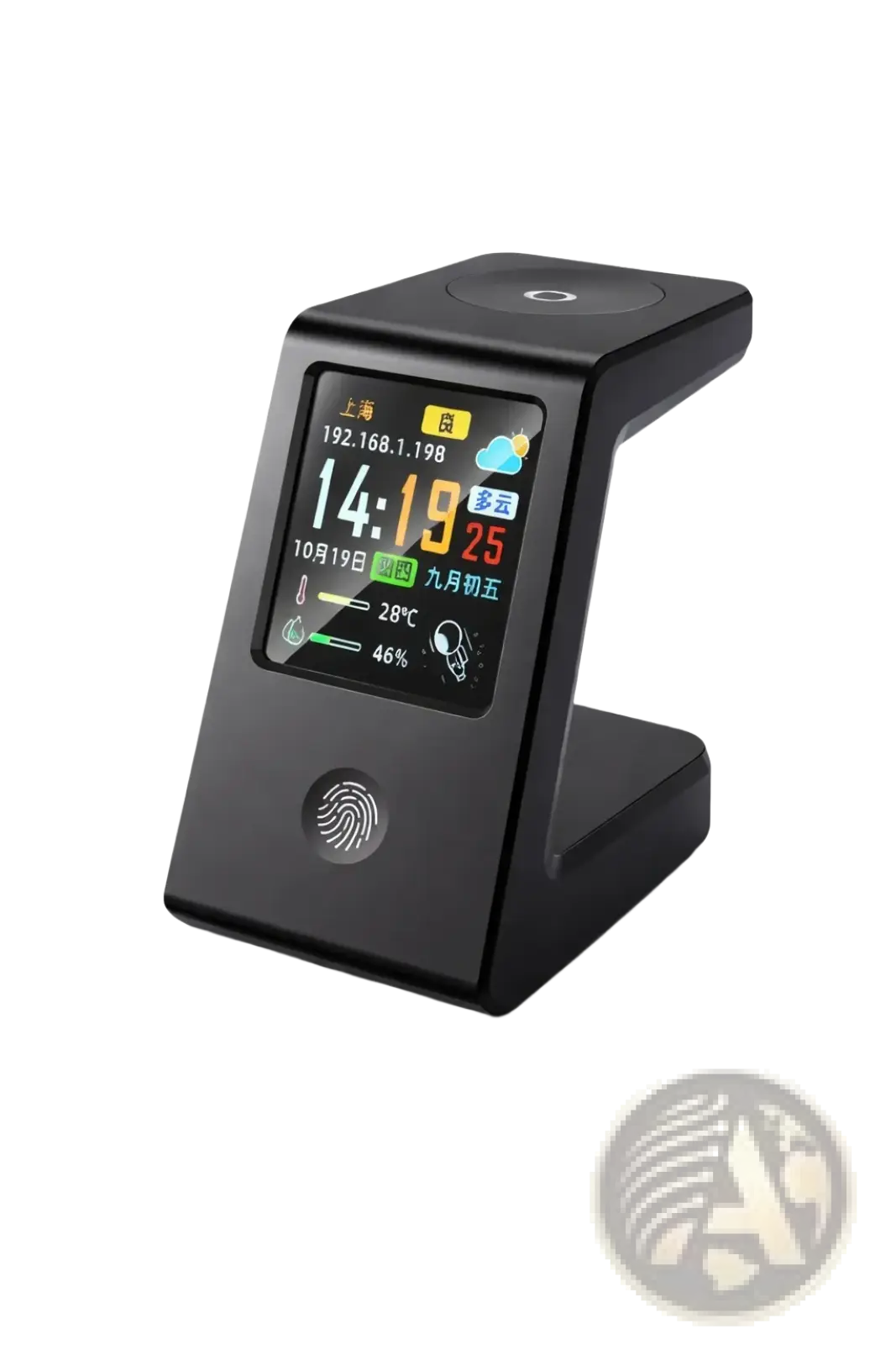 Black smart display stand with touchscreen showing time and weather in wifi weather clock wireless charger desk stand