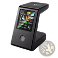 Black wifi weather clock wireless charger desk stand with touchscreen displaying time weather and data