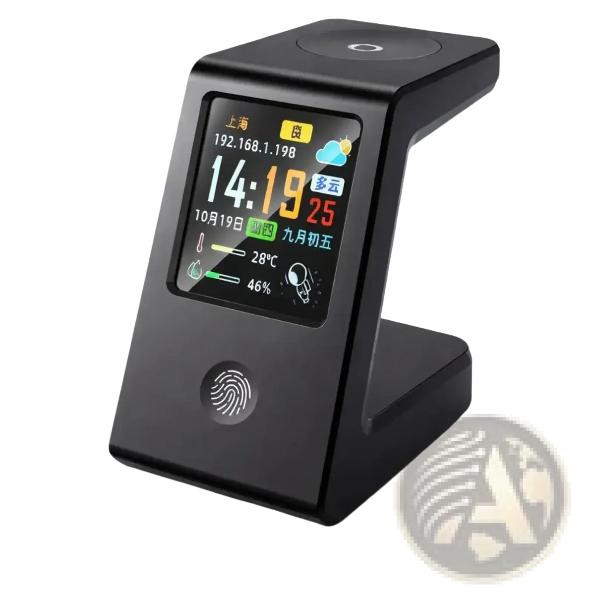 Black wifi weather clock wireless charger desk stand with touchscreen displaying time weather and data