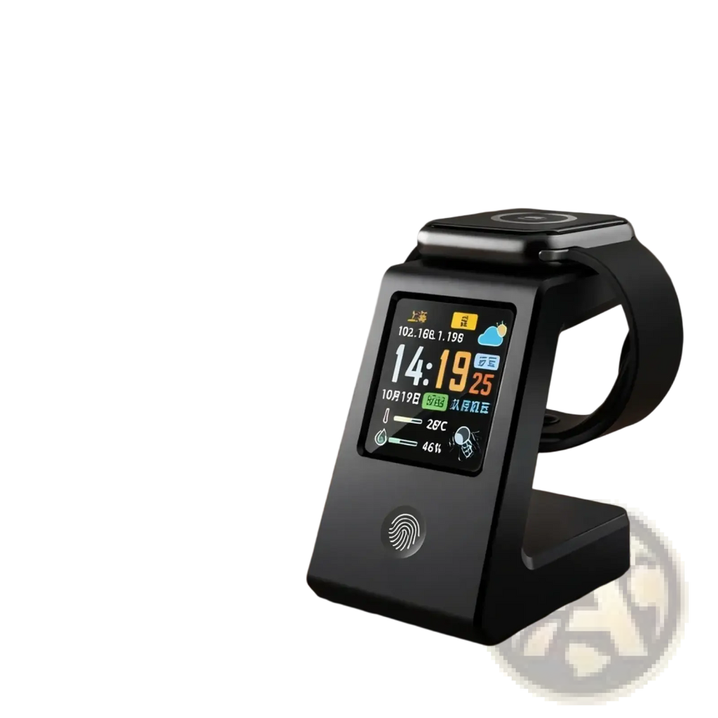 Black smartwatch charging stand with integrated fingerprint sensor and digital display showing weather time and temperature