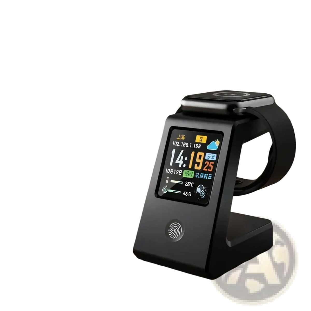 Black smartwatch charging stand with integrated fingerprint sensor and digital display showing weather time and temperature