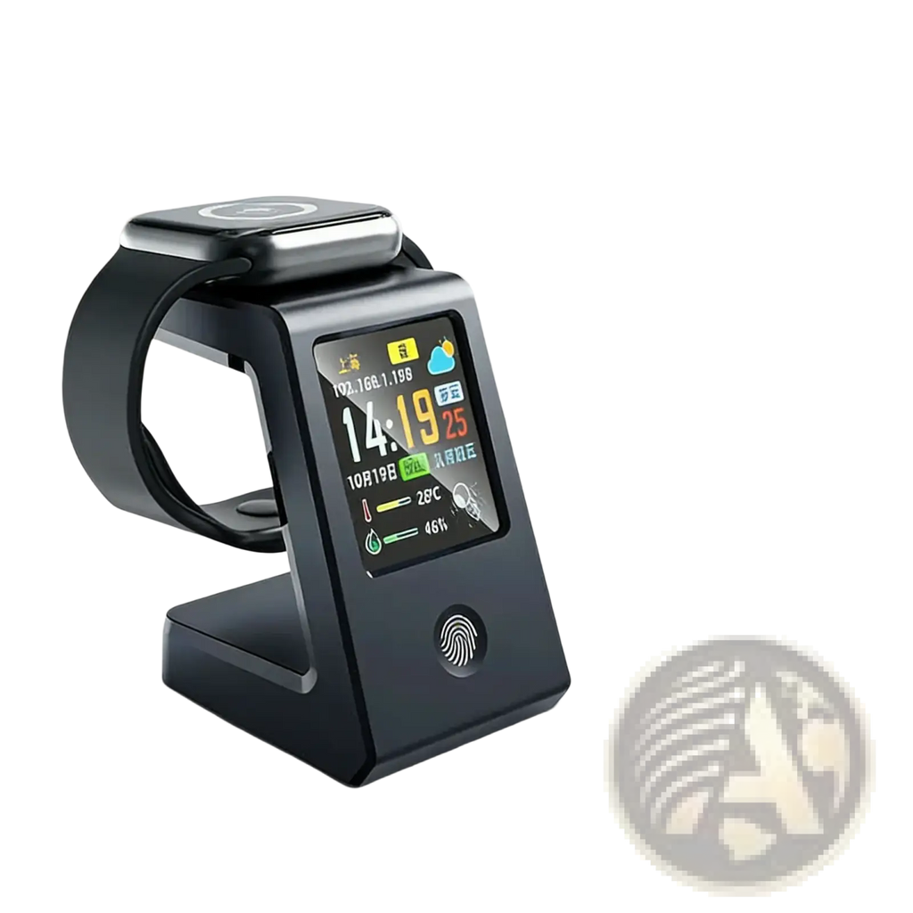 Black smartwatch with rectangular touchscreen display showing weather and time on wifi weather clock wireless charger desk stand