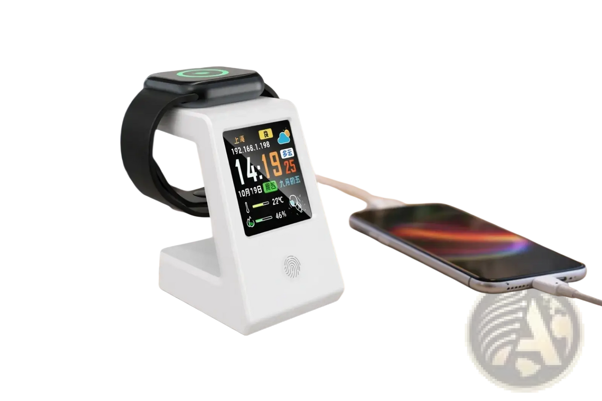 White wifi weather clock wireless charger desk stand with digital display and fingerprint sensor on charging base