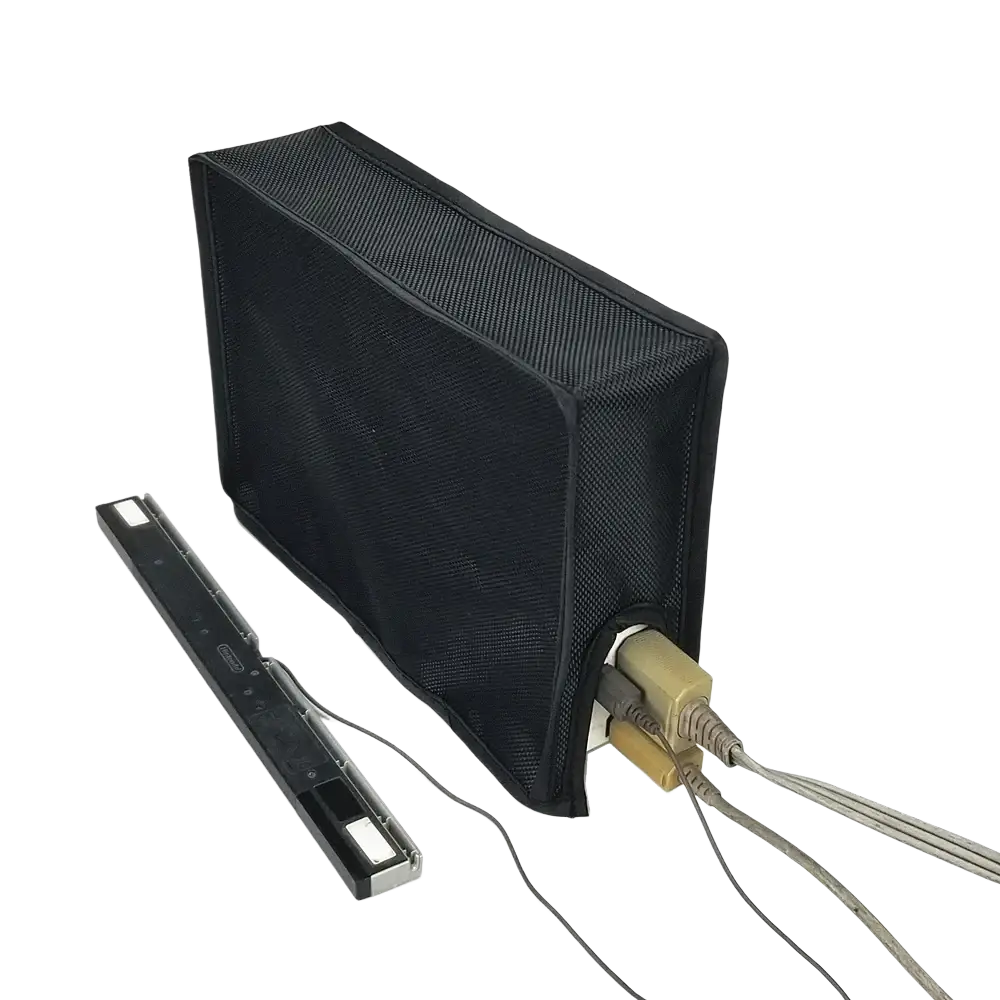 Black mesh power strip organizer with reinforced edges featured alongside wii console dust cover oxford cloth protective sleeve for gaming accessories vertical storage