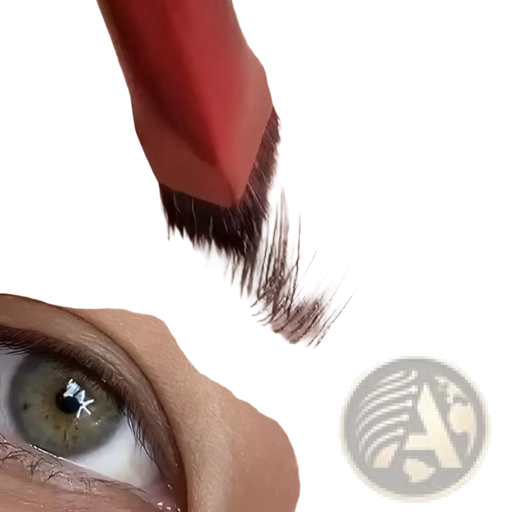 Wild eyebrow brush 3d stereoscopic makeup tool with red handle and fine dark bristles applying precise eyebrow strokes