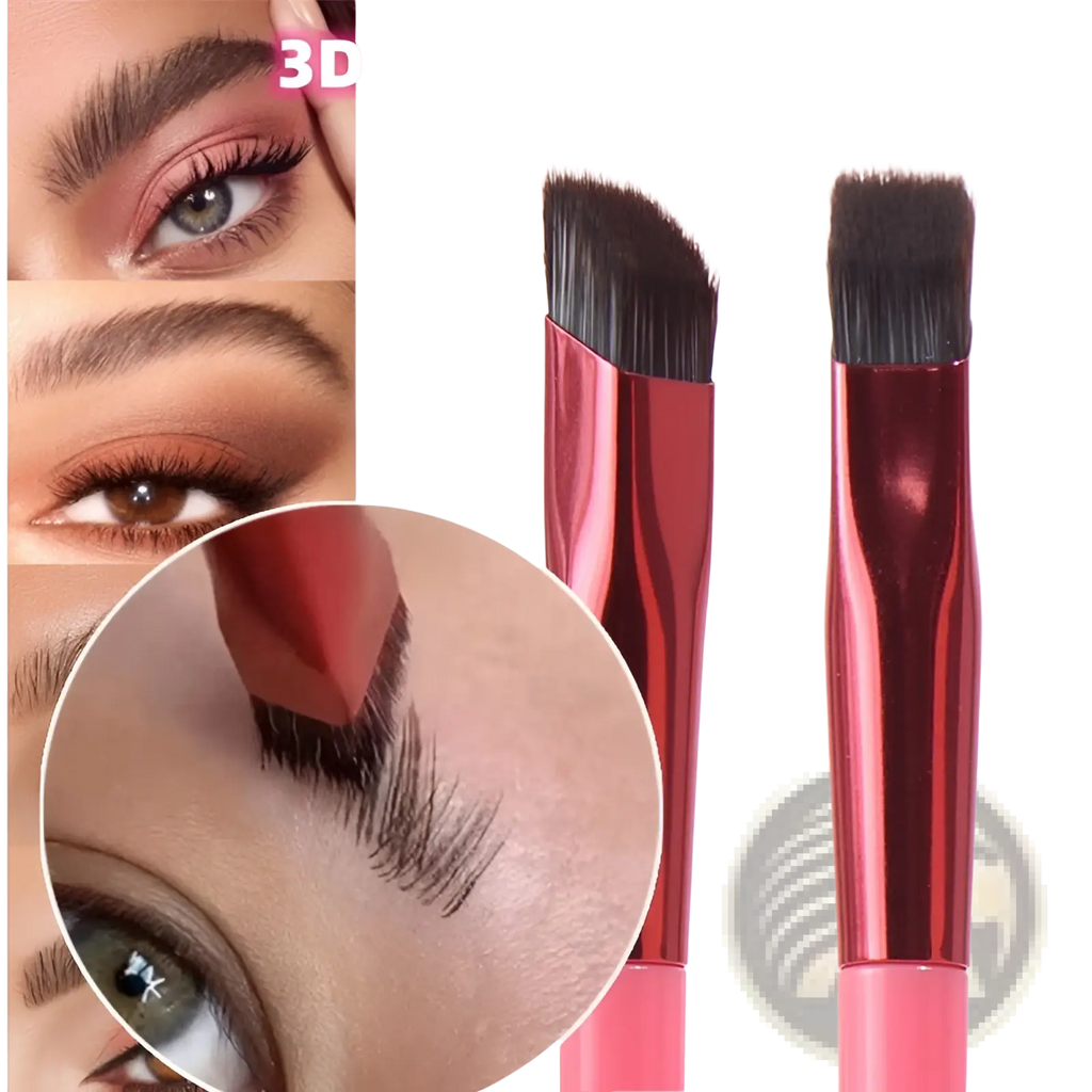 Red metallic 3d wild eyebrow brush with angled and flat bristle tips for precise stereoscopic makeup application