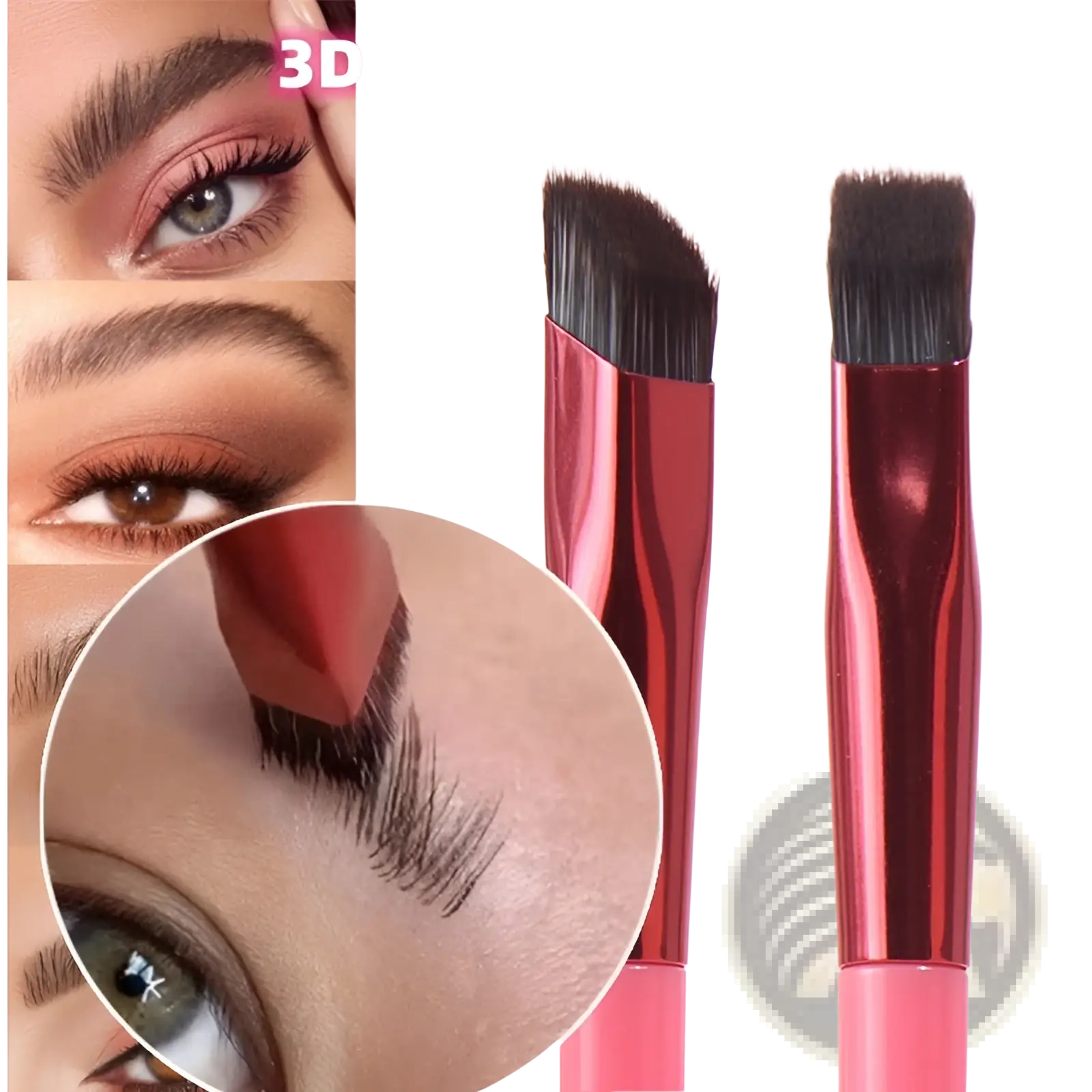 Red metallic 3d wild eyebrow brush with angled and flat bristle tips for precise stereoscopic makeup application