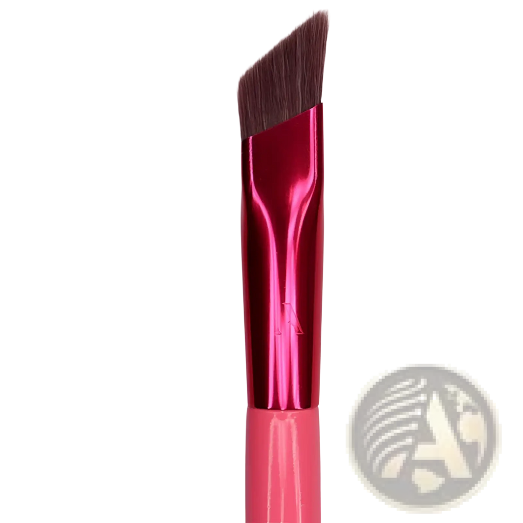 A vibrant pink angled wild eyebrow brush with glossy metallic handle and dark brown bristles for precise makeup application