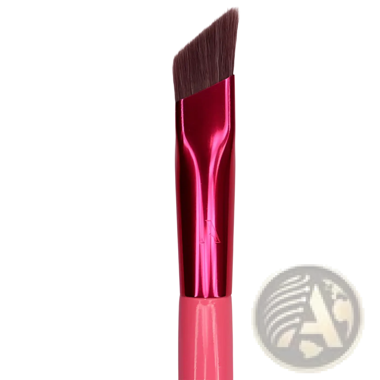 A vibrant pink angled wild eyebrow brush with glossy metallic handle and dark brown bristles for precise makeup application