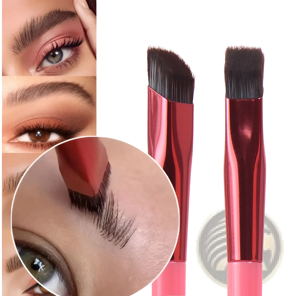 A pair of sleek metallic red wild eyebrow brushes with black bristles and pink accents for 3d stereoscopic makeup use
