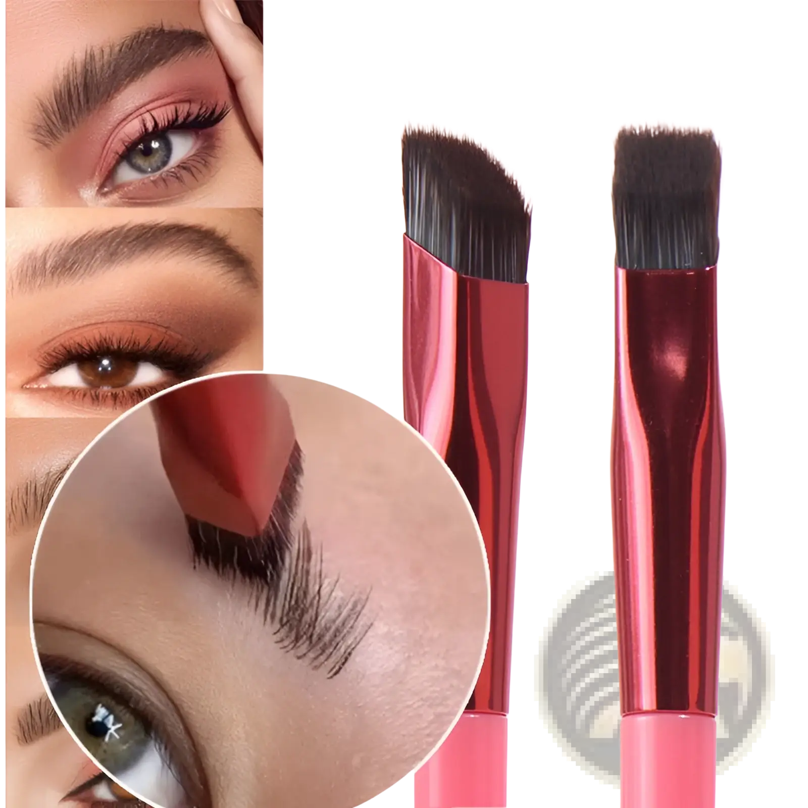 A pair of sleek metallic red wild eyebrow brushes with black bristles and pink accents for 3d stereoscopic makeup use