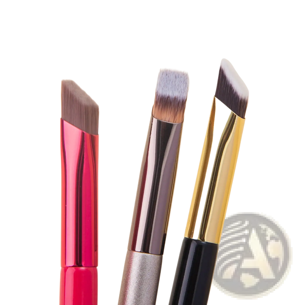 Three angled wild eyebrow brushes with 3d stereoscopic design and metallic pink silver and gold handles