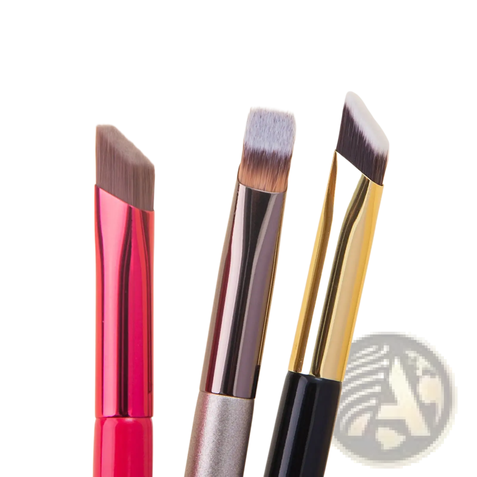 Three angled wild eyebrow brushes with 3d stereoscopic design and metallic pink silver and gold handles