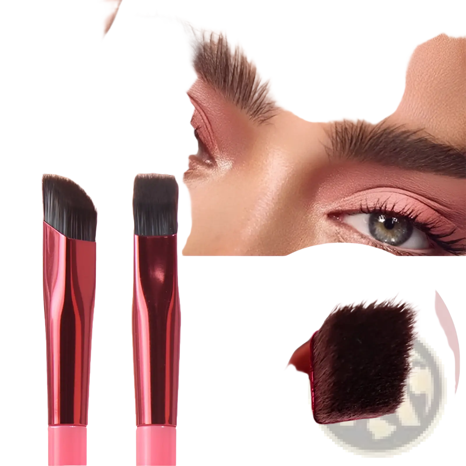 Two sleek metallic rose gold wild eyebrow brushes with soft black bristles and pink handles for precise makeup application
