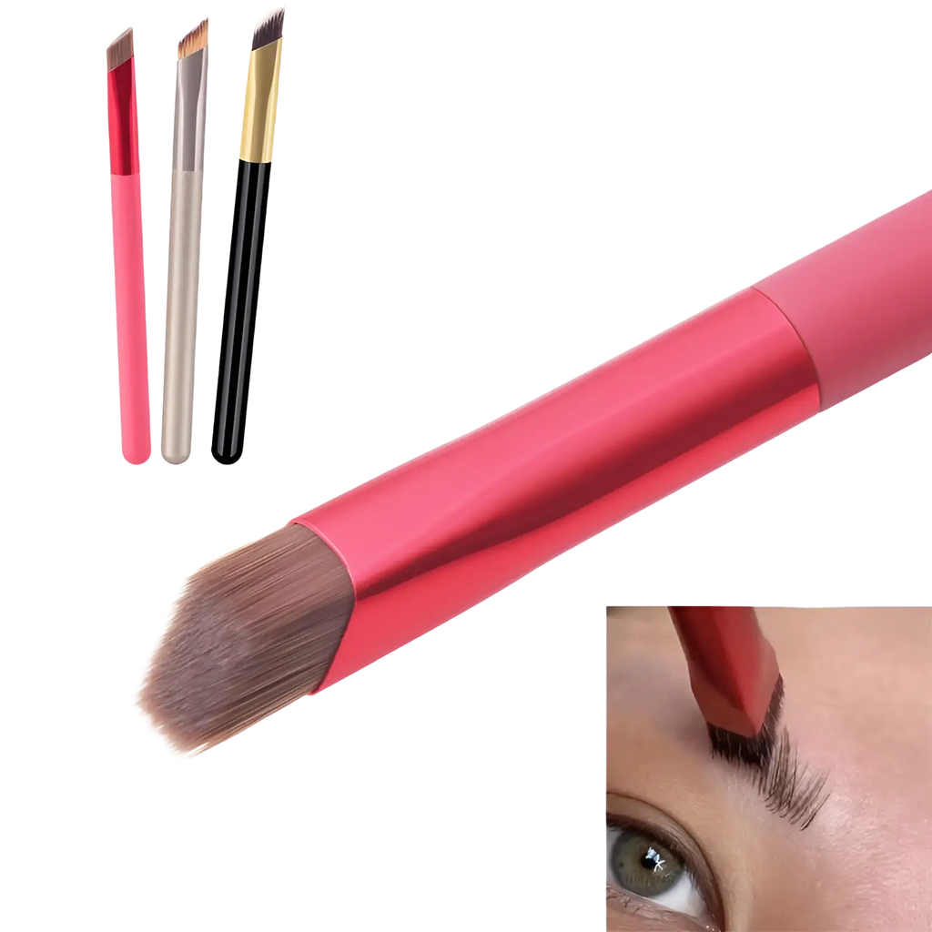Wild eyebrow brush 3d stereoscopic makeup tool with pink angled soft brown bristles and sleek metallic handle