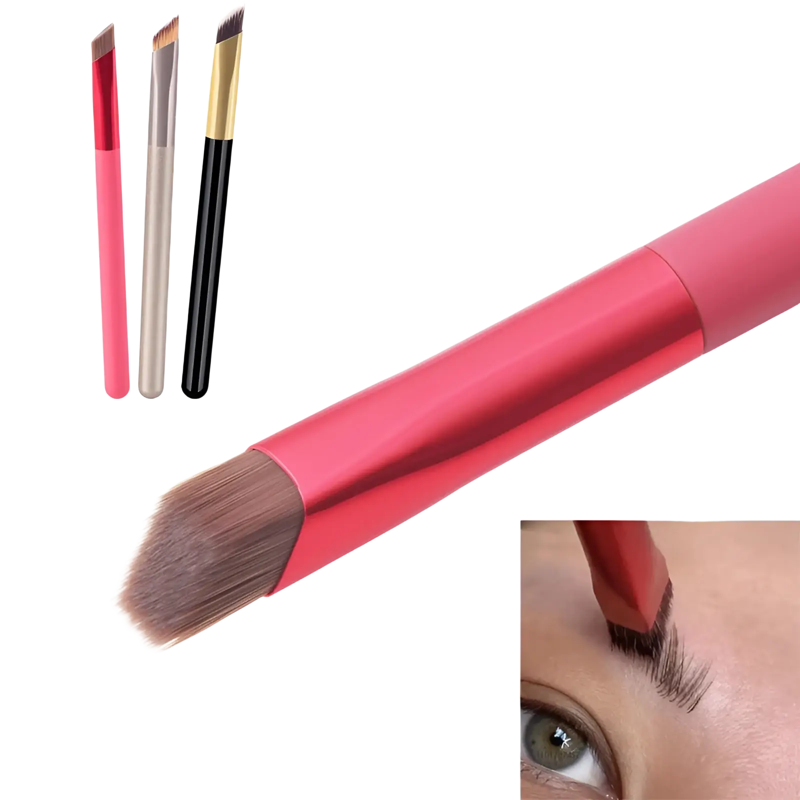 Wild eyebrow brush 3d stereoscopic makeup tool with pink angled soft brown bristles and sleek metallic handle