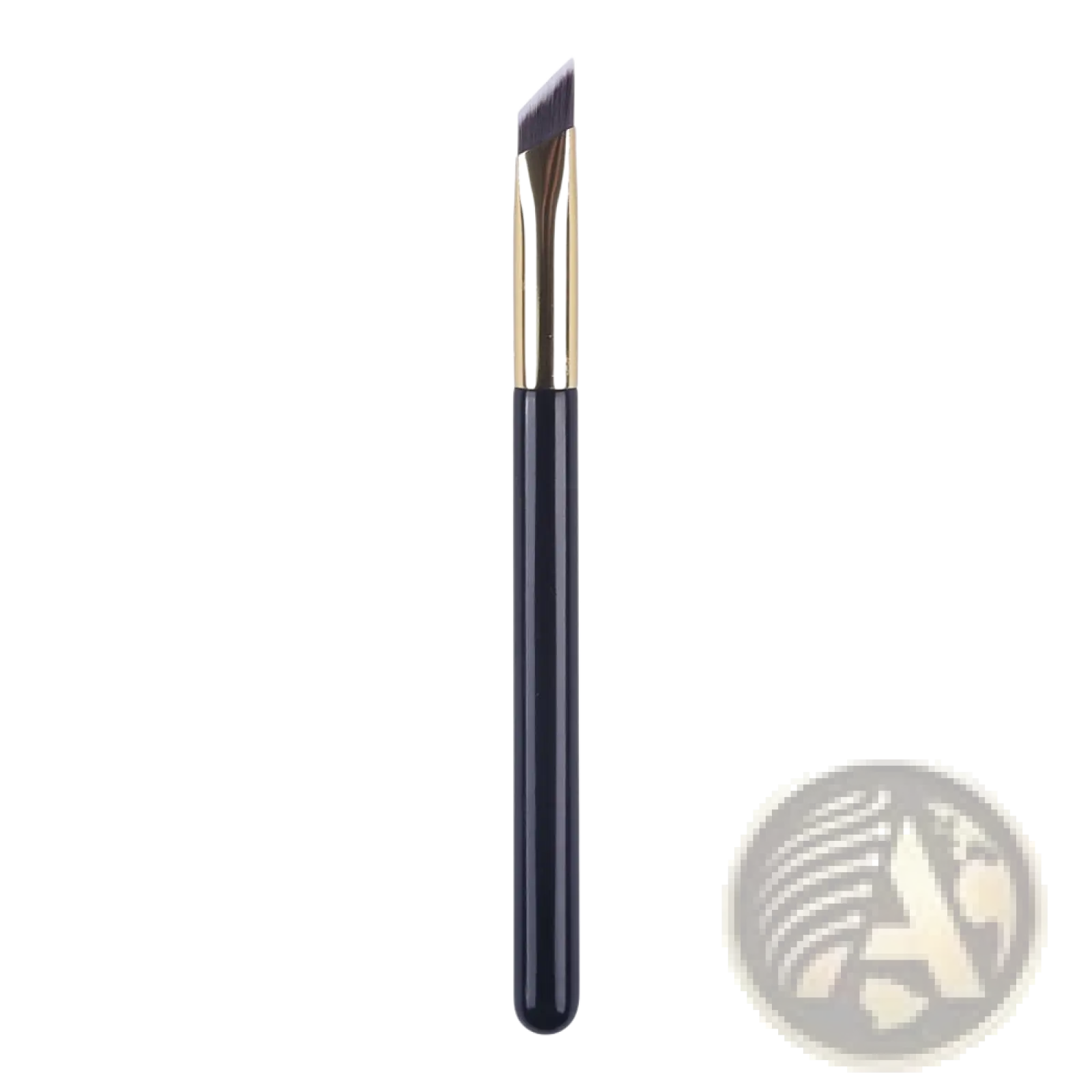 A sleek navy blue wild eyebrow brush with a gold ferrule and angled dark purple bristles for precise makeup application