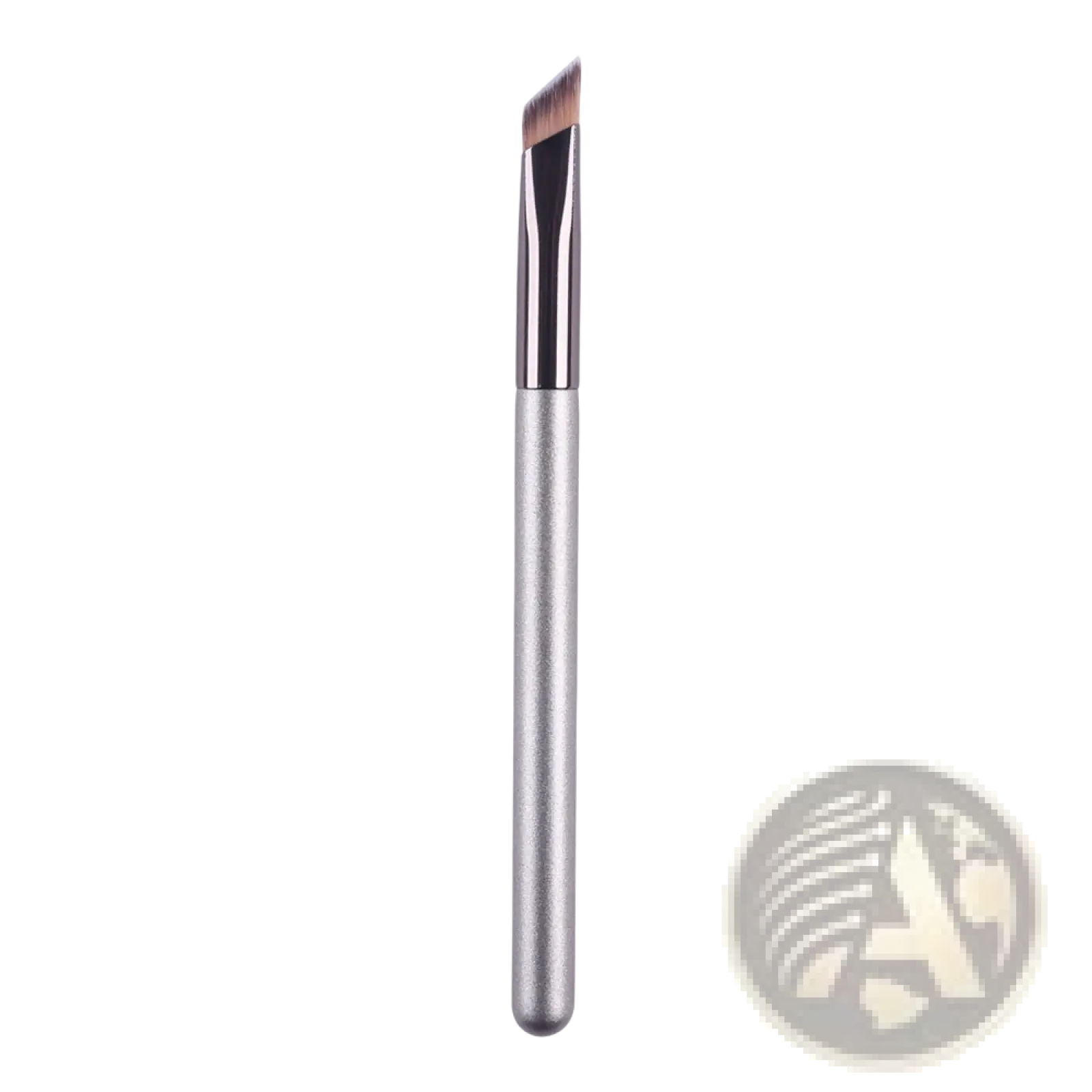 Silver angled wild eyebrow brush with sleek metallic handle and soft tapered bristles for precise makeup application