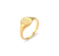 Wildflower engraved gold signet ring set featuring a delicate floral engraving on a smooth rounded face
