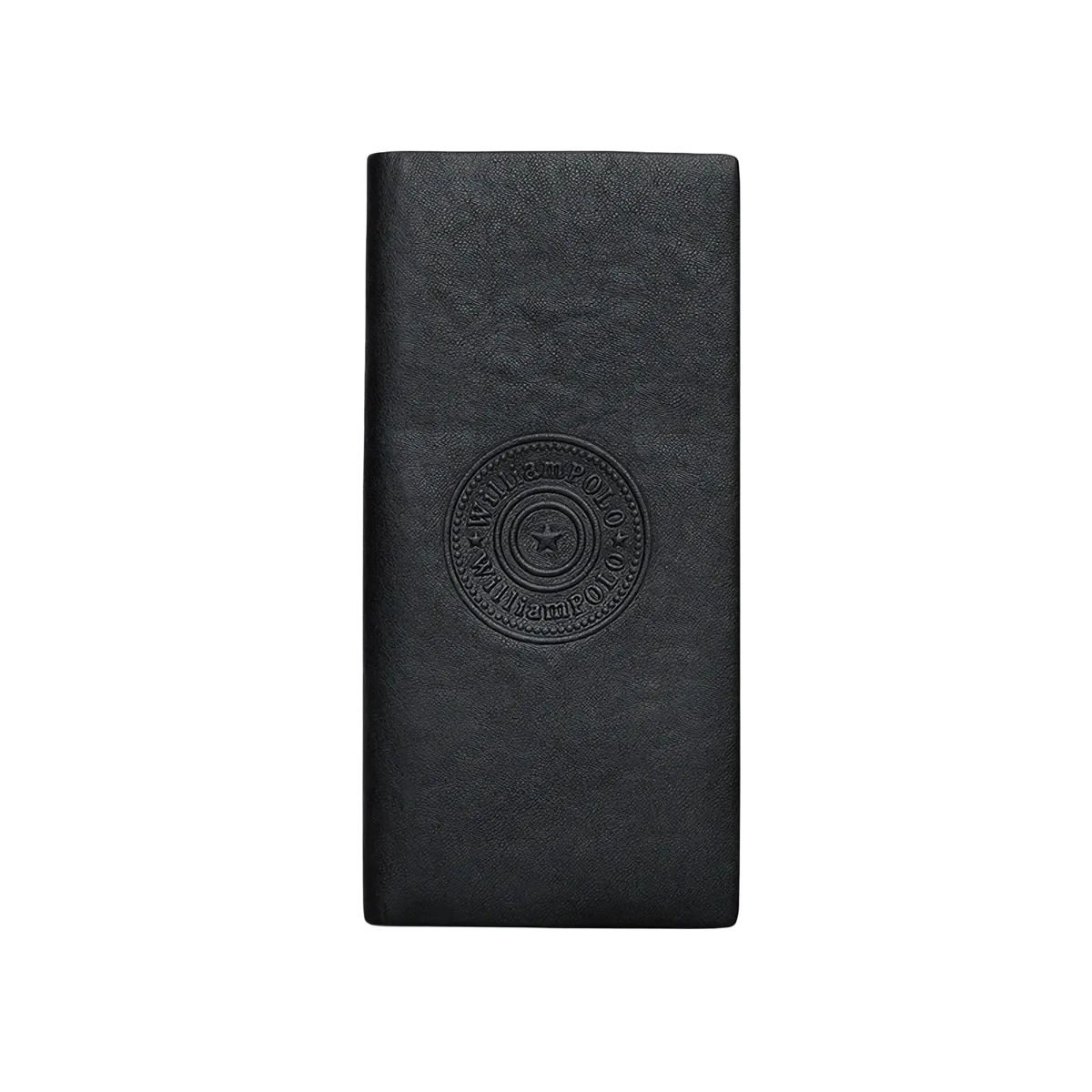Black leather william polo men bifold wallet with embossed circular logo and star design on front side