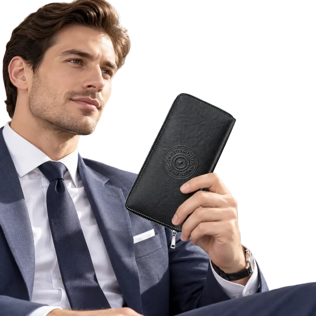 Black leather William Polo men bifold wallet with circular embossed logo and silver zipper detail
