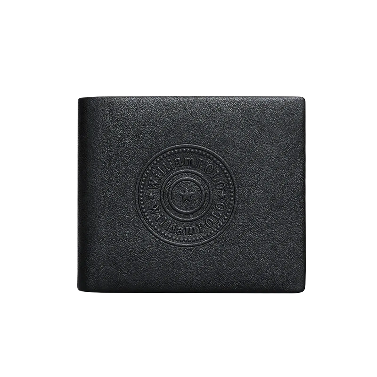 Black William Polo men leather bifold wallet featuring an embossed circular logo with a star at its center