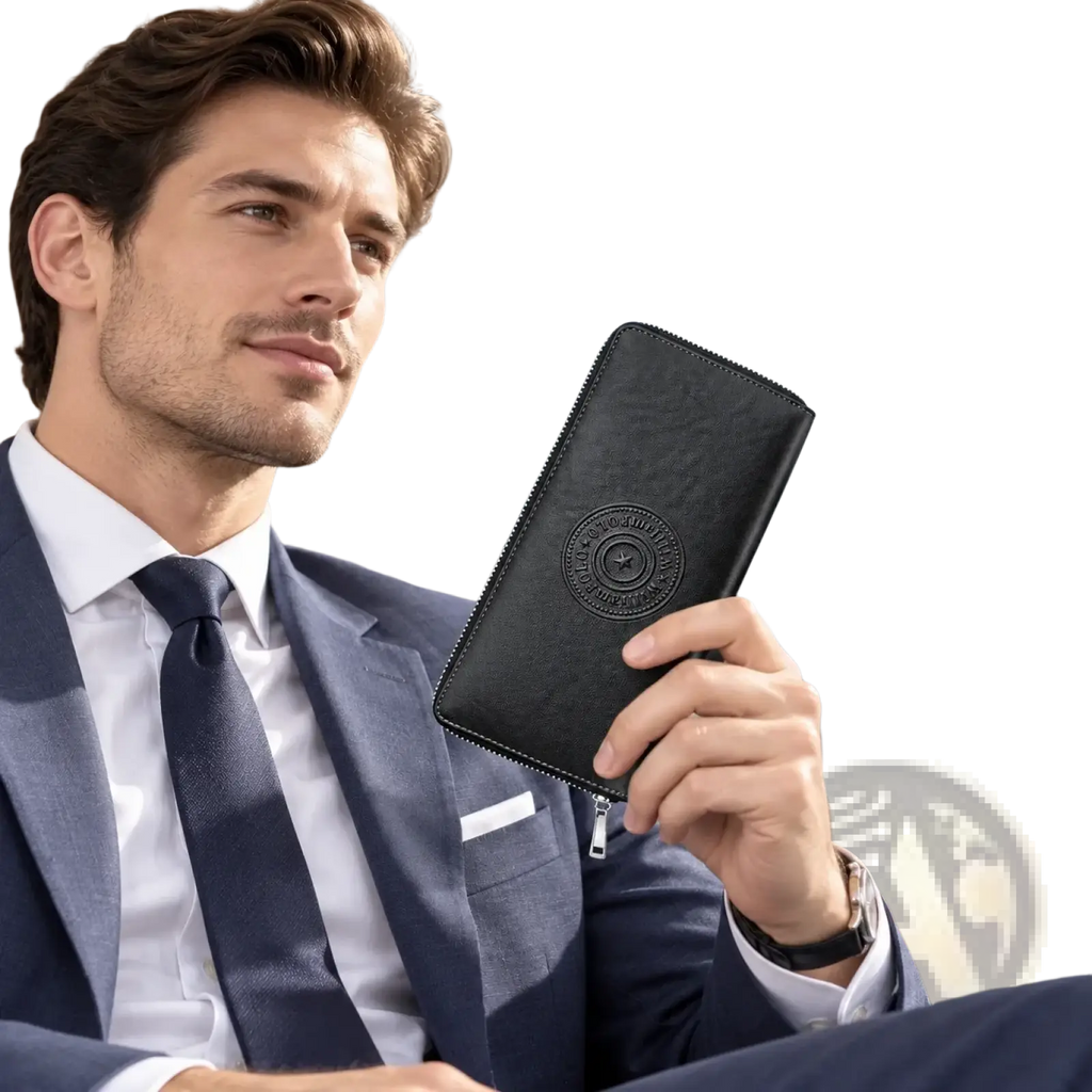 Black leather William Polo men bifold wallet with circular embossed logo and silver zipper detail