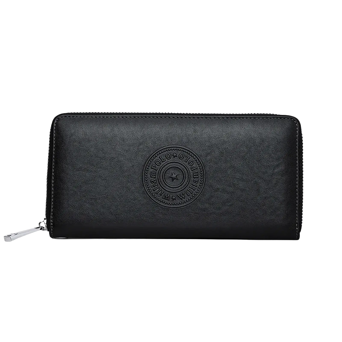 Black textured leather William Polo men bifold wallet with circular embossed Polo Ralph Lauren logo and star design