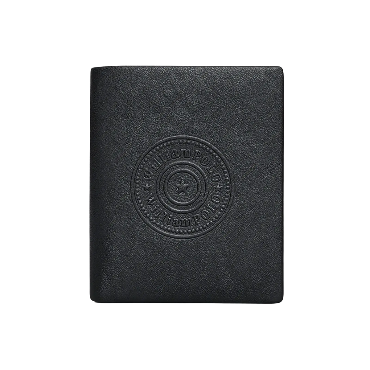 Black textured leather william polo men bifold wallet featuring embossed circular logo with central star design