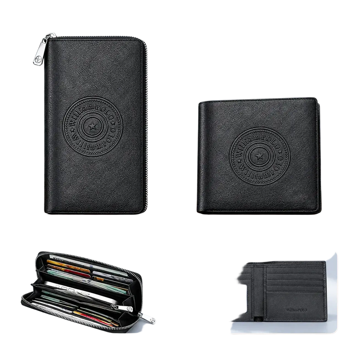Black leather william polo men leather bifold wallets with embossed circular star logos in long and bifold styles