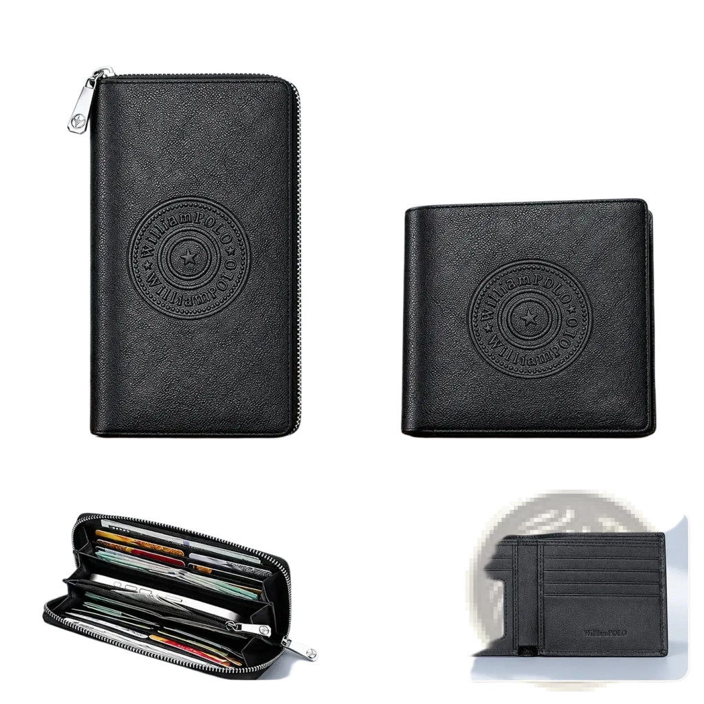 Black leather william polo men leather bifold wallets with embossed circular star logos in long and bifold styles
