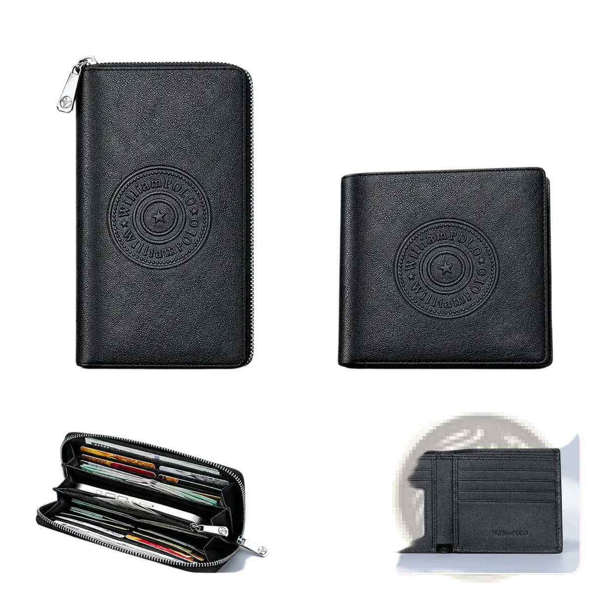 Black leather william polo men leather bifold wallets with embossed circular star logos in long and bifold styles
