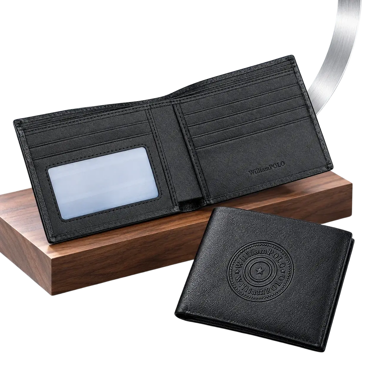 Black leather william polo men leather bifold wallet with embossed logo and card slots for everyday use