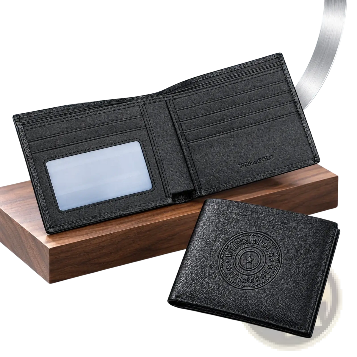 Black leather william polo men leather bifold wallet with embossed logo and card slots for everyday use