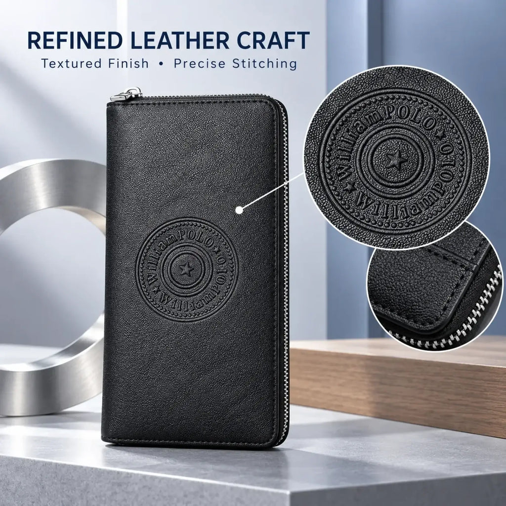 Black William Polo men leather bifold wallet with textured finish and embossed circular logo shown from the back side