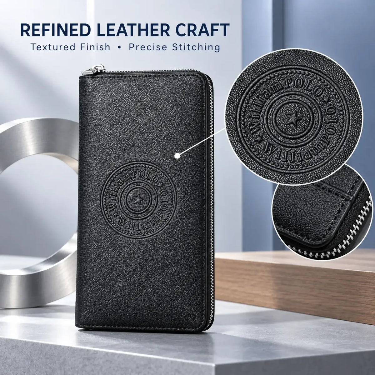 Black William Polo men leather bifold wallet with textured finish and embossed circular logo shown from the back side