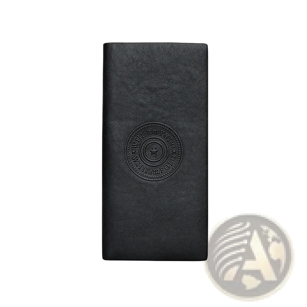 Black leather william polo men bifold wallet with embossed circular logo and star design on front side