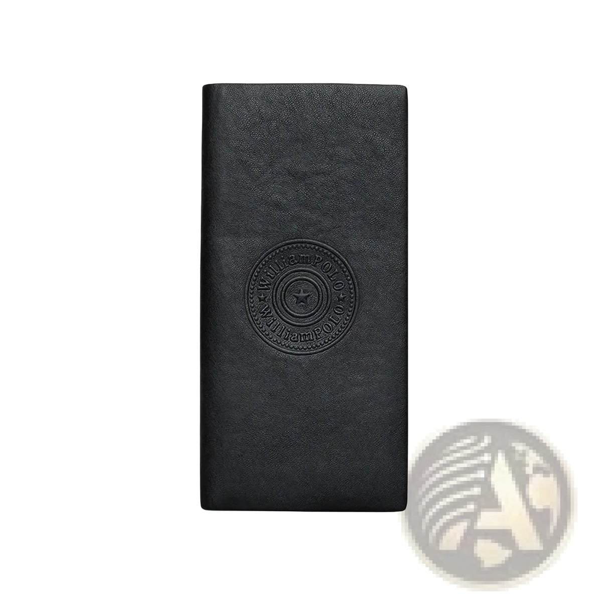 Black leather william polo men bifold wallet with embossed circular logo and star design on front side