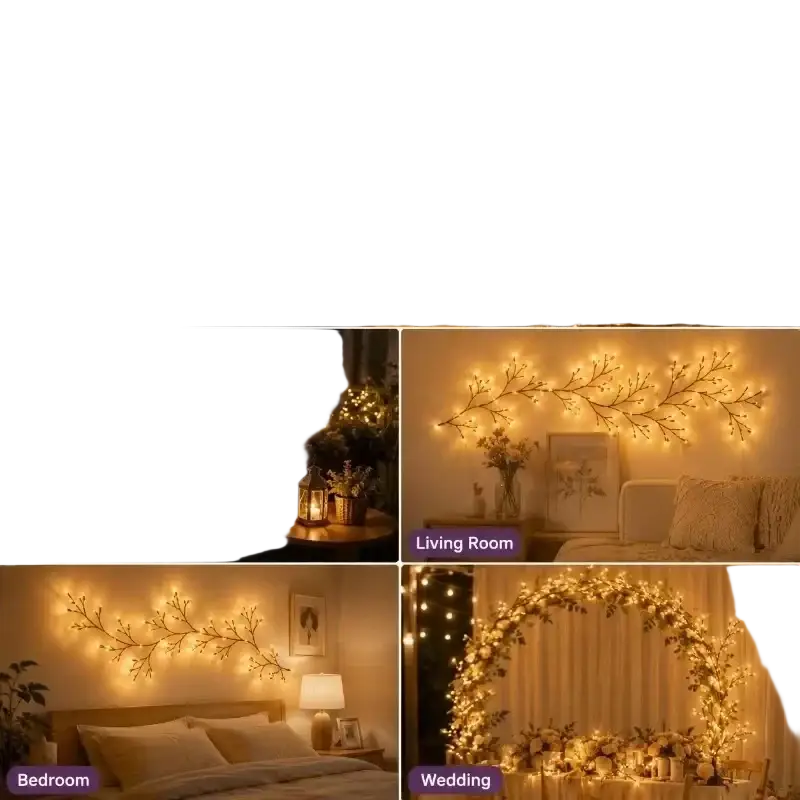 Warm golden usb powered willow rattan fairy lights with delicate branch design displayed in decorative settings