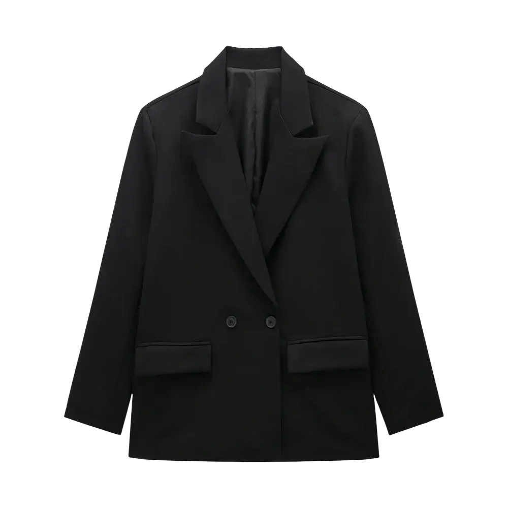 Black double breasted blazer with notched lapels and flap pockets by Willshela for formal and professional wear
