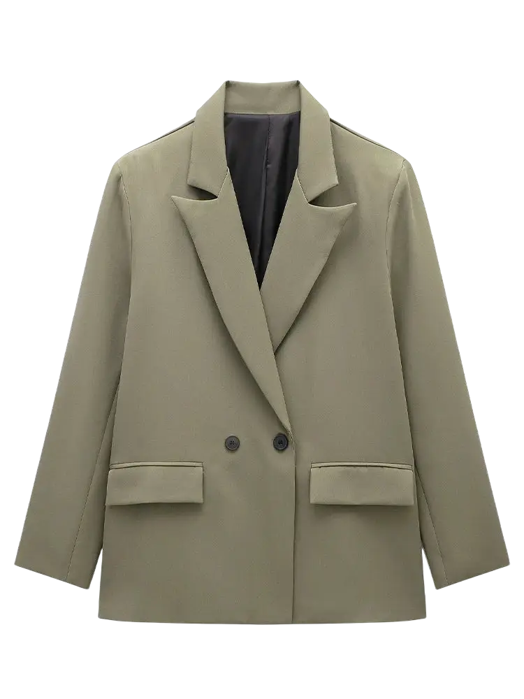 Willshela double breasted blazer in olive green with black buttons and flap pockets for formal wear