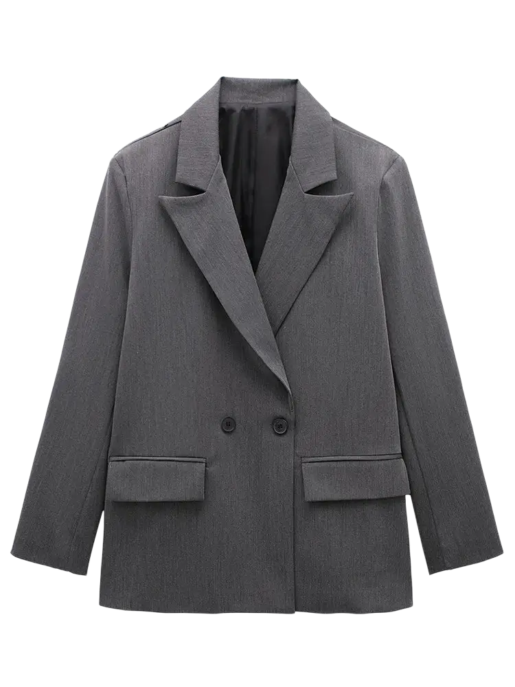 Willshela double breasted gray textured blazer with flap pockets in a formal tailored design