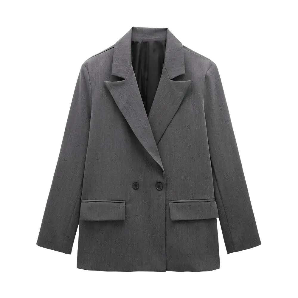 Willshela double breasted blazer in charcoal gray with subtle textured weave and structured lapels for formal wear