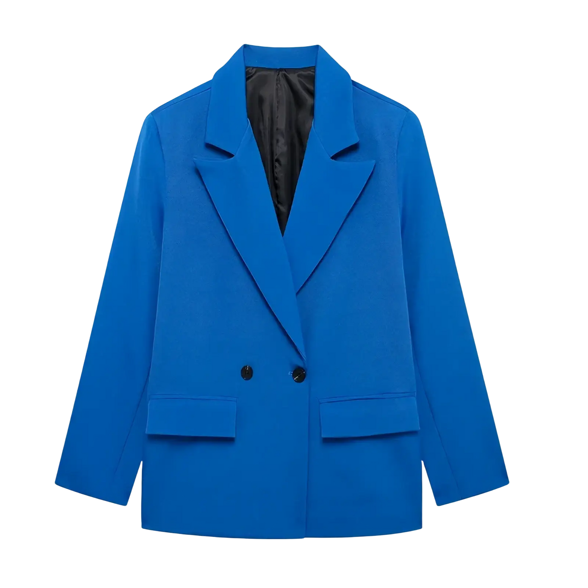 Willshela double breasted blazer in vibrant royal blue with black buttons and sleek tailored design