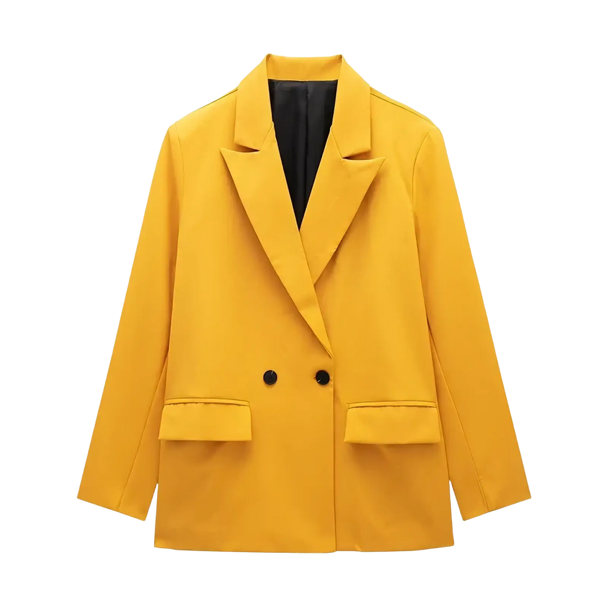 A vibrant yellow Willshela double breasted blazer with black buttons and a sleek tailored design