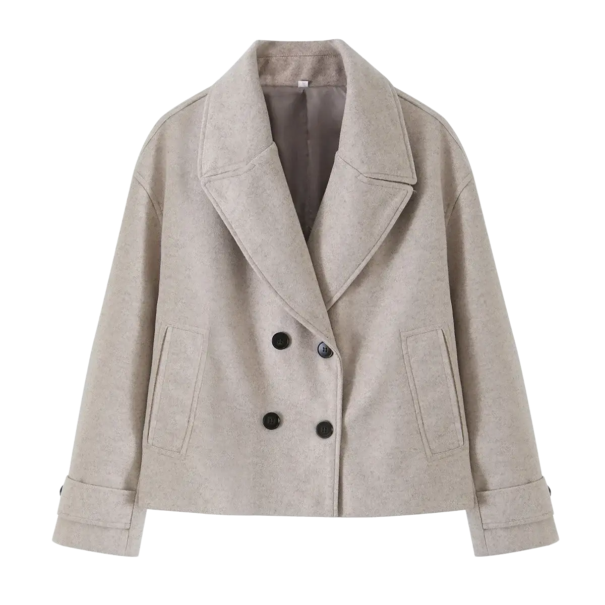 Beige wool Willshela double breasted trench jacket with black buttons and flap pockets for stylish outerwear