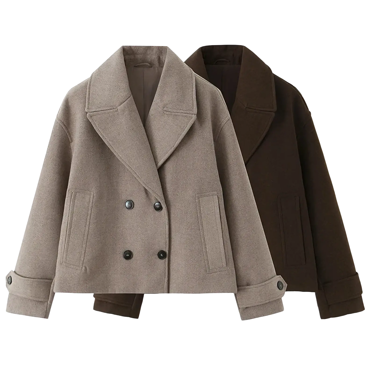 Willshela double breasted trench jacket beige wool coat with classic collar and dark buttons front view