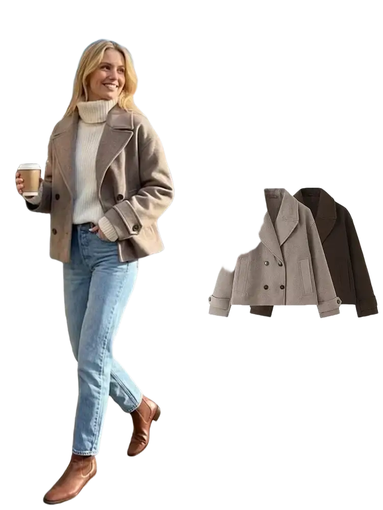 Beige double-breasted wool trench jacket with classic collar and buttoned cuffs by Wilsheia brand